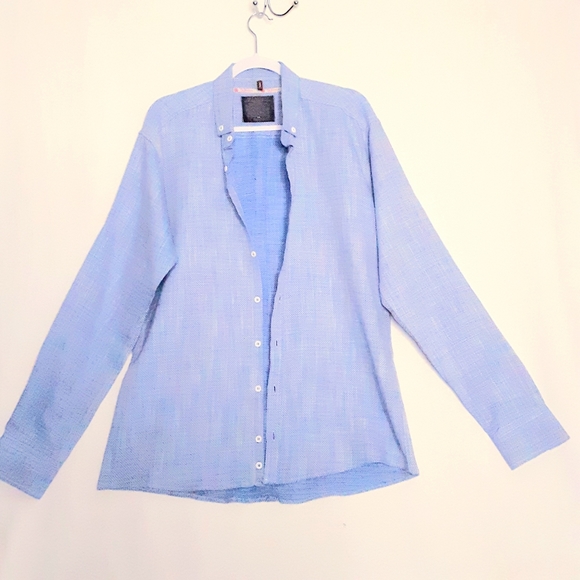 Taj Green Mens Zenith Blue/White Woven Textured Fabric Button Front Shirt Size 2 - Picture 1 of 9